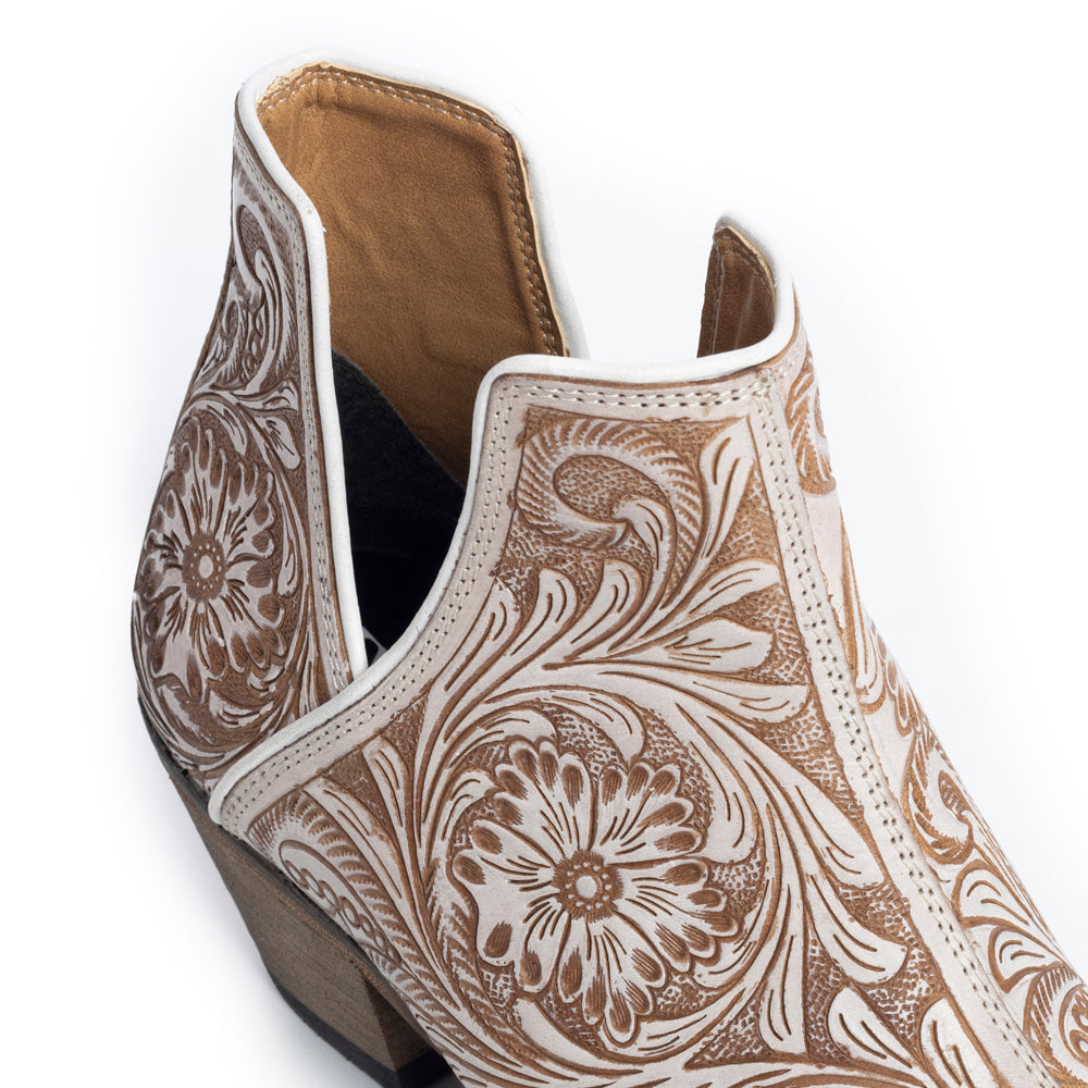 Western Moxie Hand-tooled Booties in White Chocolate - Myra USA