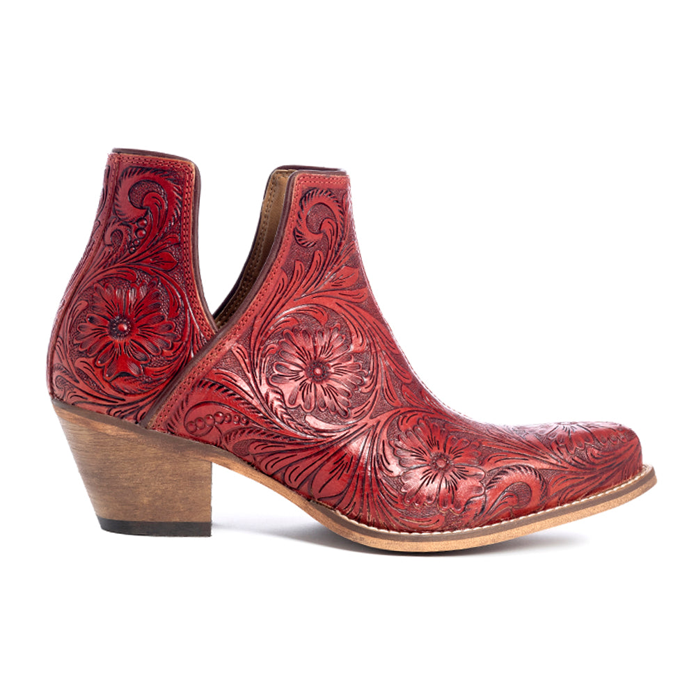 Western Moxie Hand-tooled Booties in Scarlet - Myra USA