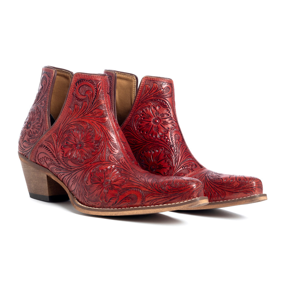 Western Moxie Hand-tooled Booties in Scarlet - Myra USA