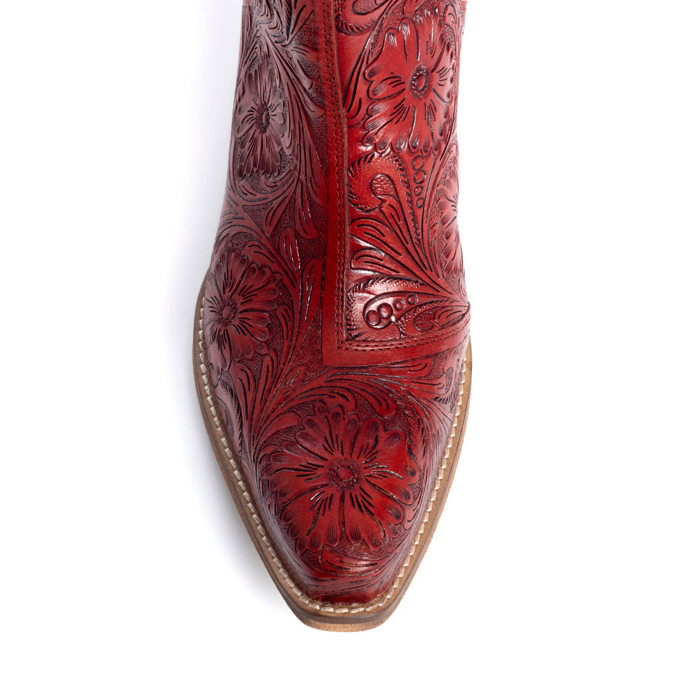 Western Moxie Hand-tooled Booties in Scarlet - Myra USA