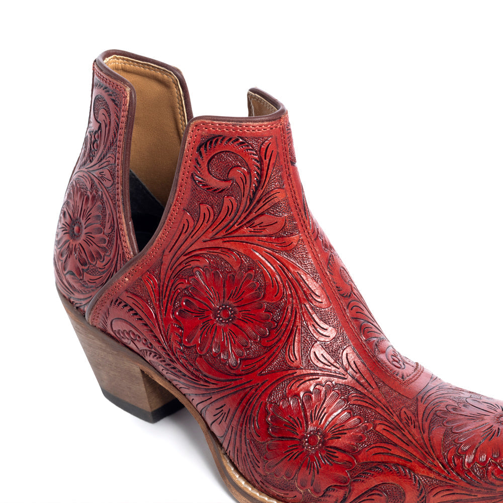 Western Moxie Hand-tooled Booties in Scarlet - Myra USA