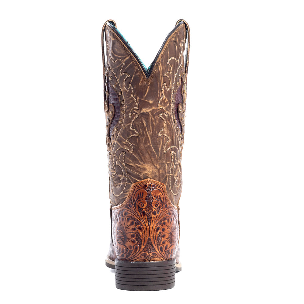 Embroidered Western Boots with tooled floral patterns and stitching in a darker shade of brown