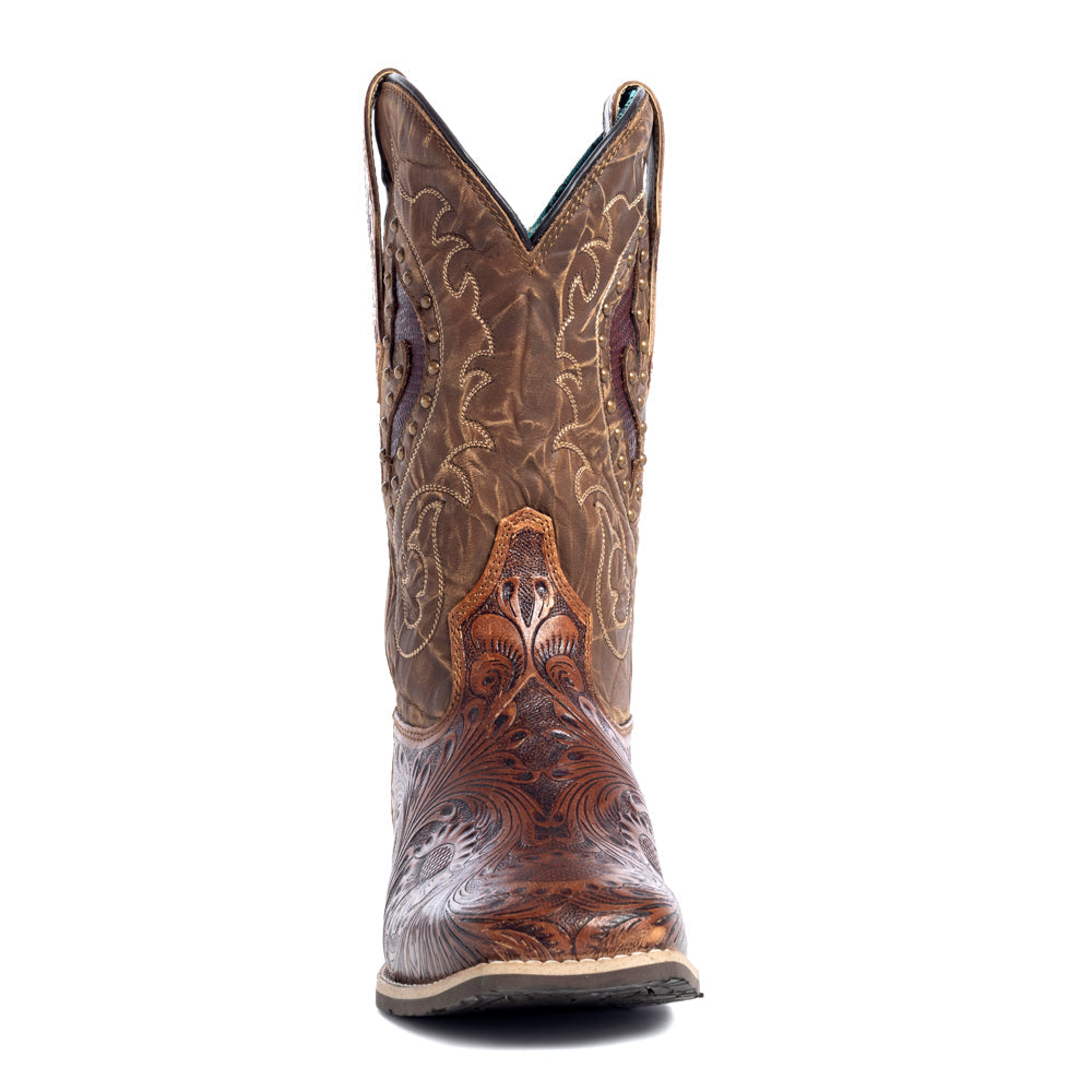 Embroidered Western Boots with tooled floral patterns and stitching in a darker shade of brown