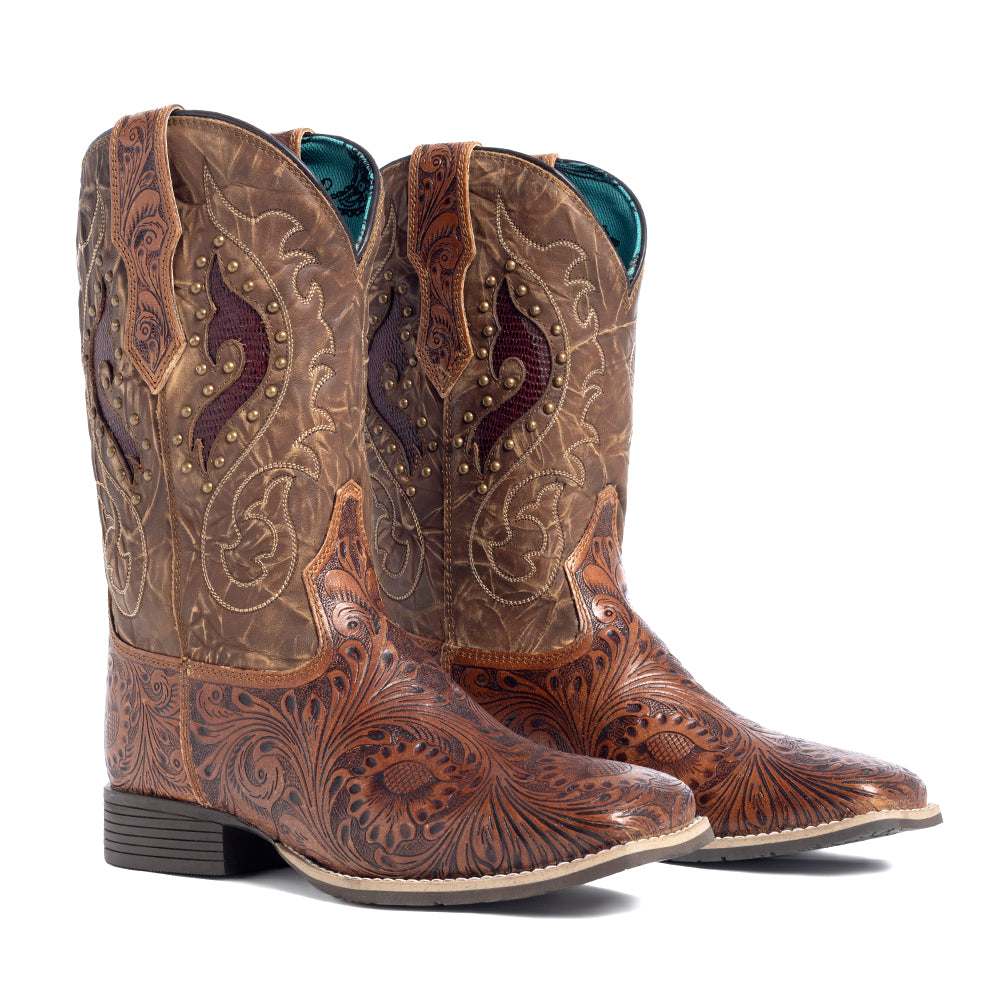 Embroidered Western Boots with tooled floral patterns and stitching in a darker shade of brown