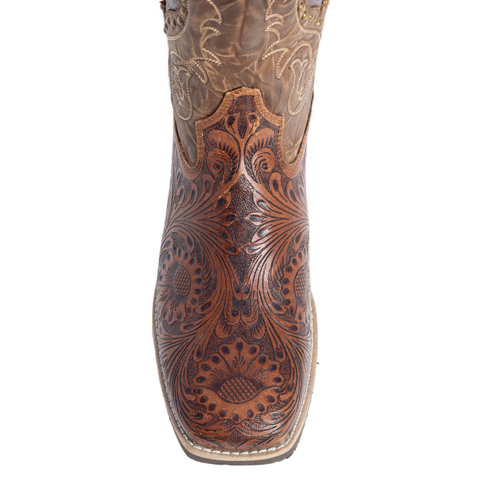 Embroidered Western Boots with tooled floral patterns and stitching in a darker shade of brown