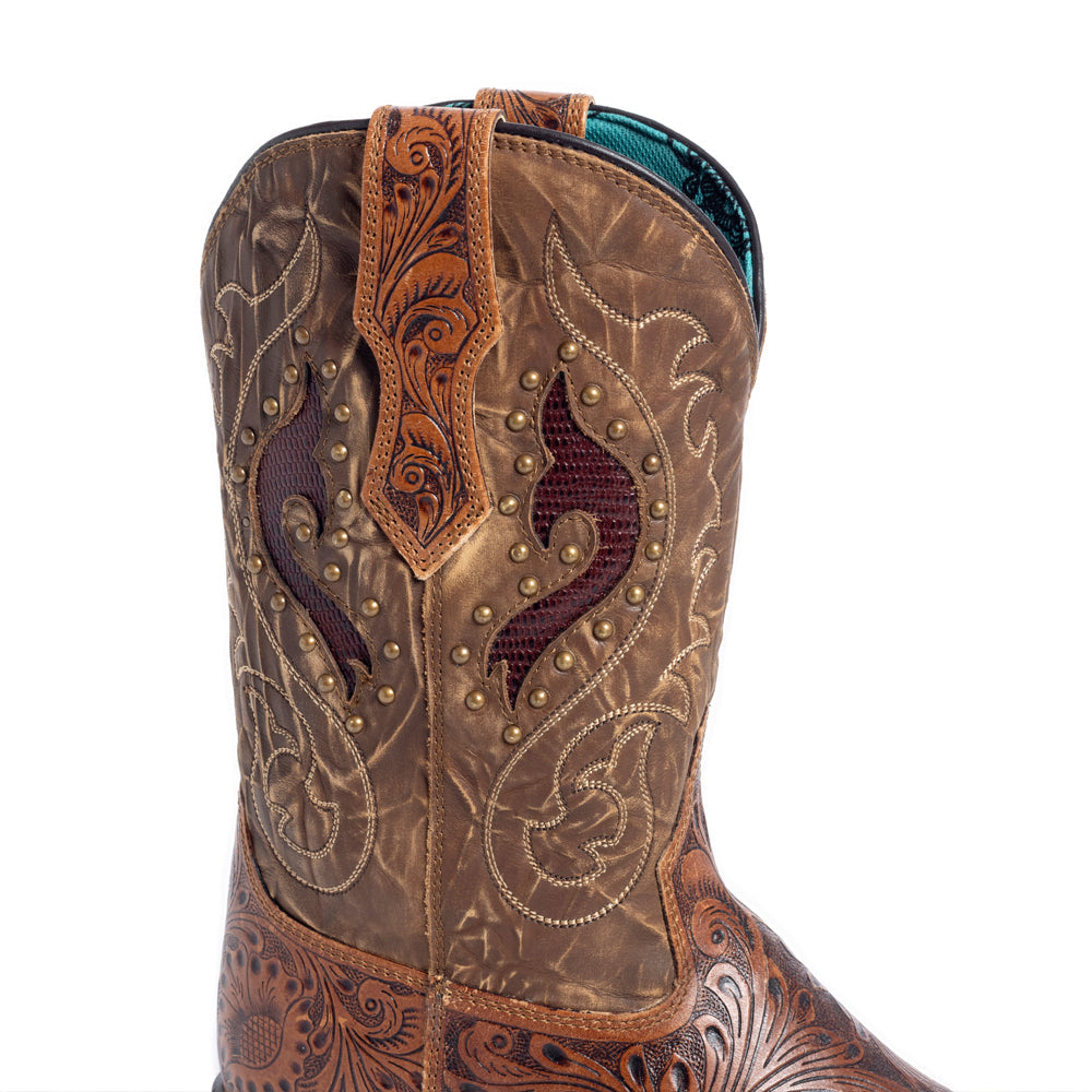 Embroidered Western Boots with tooled floral patterns and stitching in a darker shade of brown