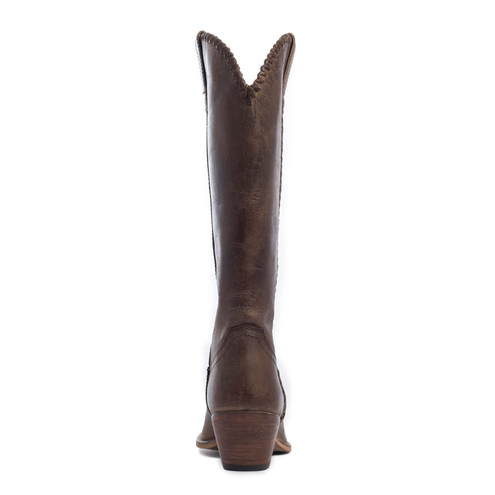 Brown cowboy boot with visible stitching details