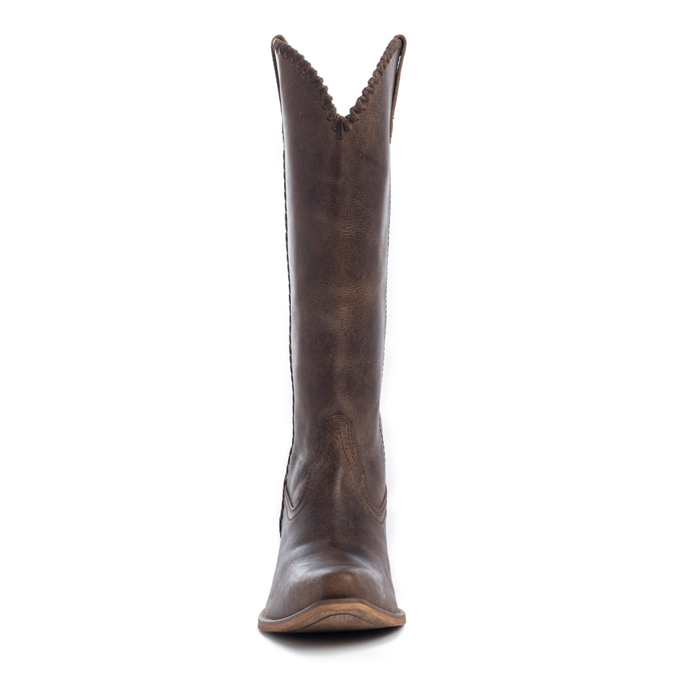 Brown cowboy boot with visible stitching details