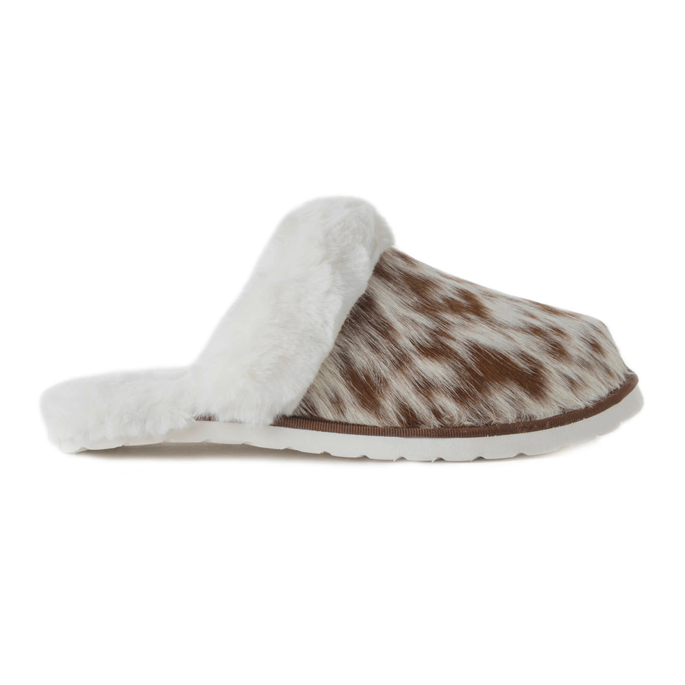 Alamosa Hair-on Hide Lined Slippers in Brown & White - Myra USA