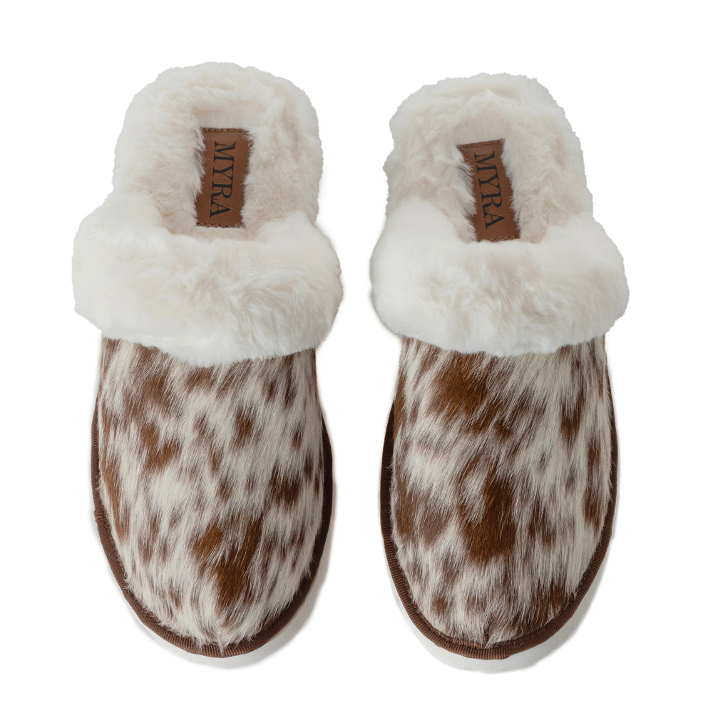 Alamosa Hair-on Hide Lined Slippers in Brown & White - Myra USA