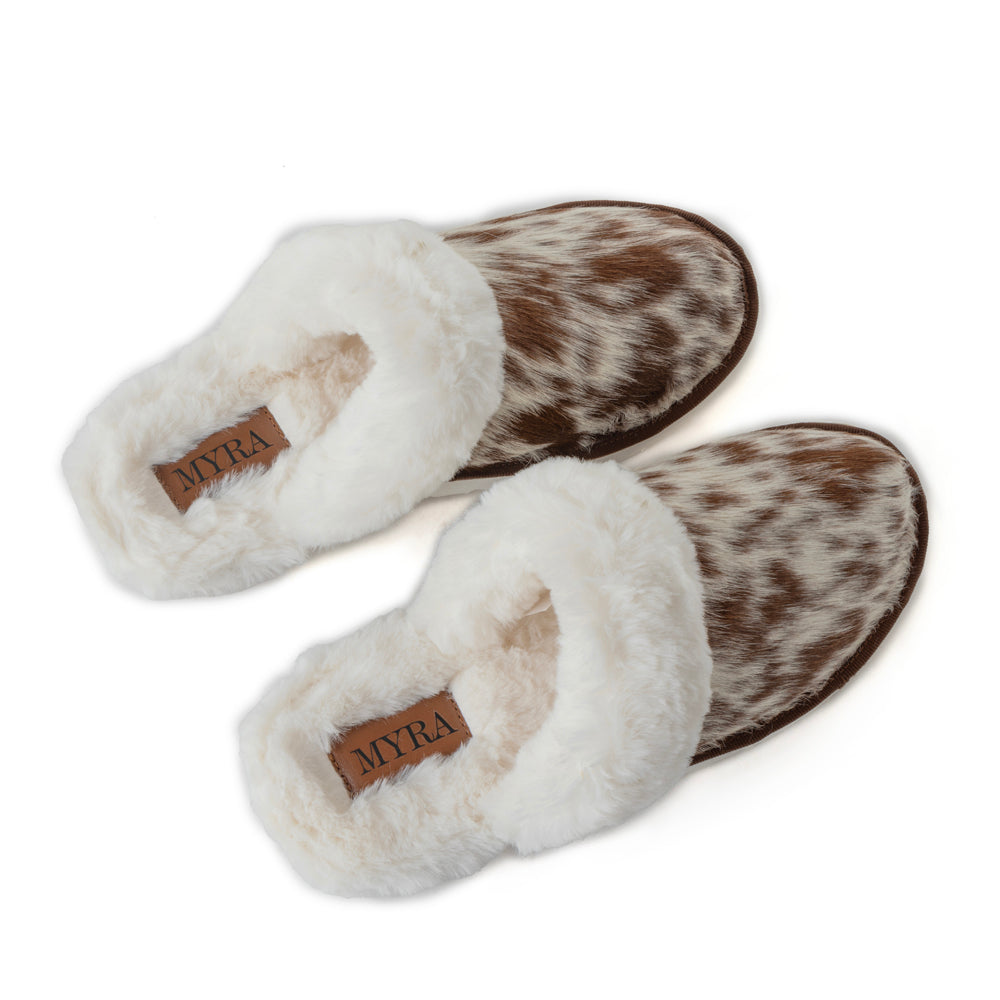 Alamosa Hair-on Hide Lined Slippers in Brown & White - Myra USA