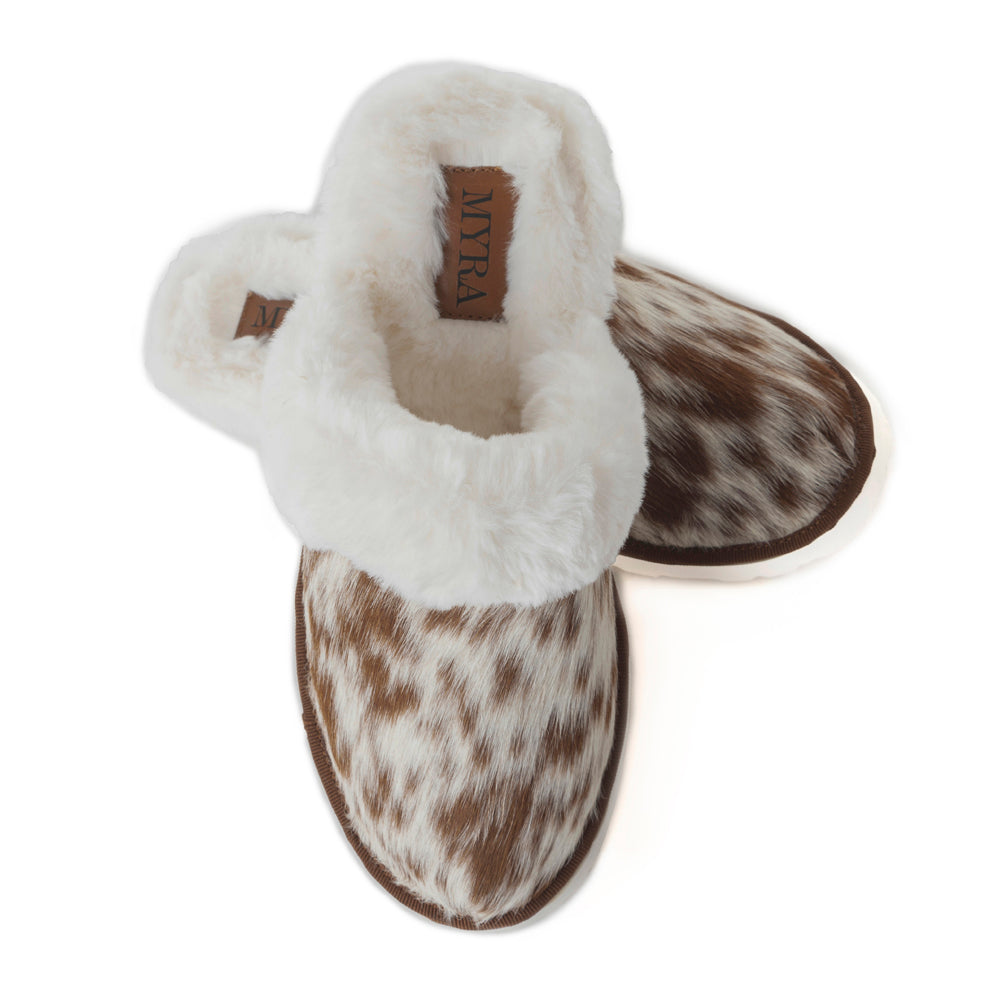 Alamosa Hair-on Hide Lined Slippers in Brown & White - Myra USA