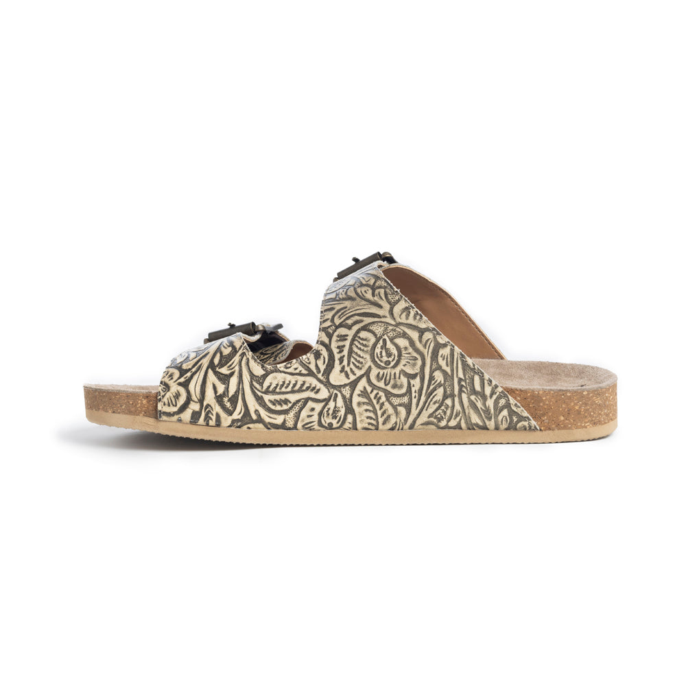 Myra Rio Amarillo Embossed Leather Sandals for Women in Beige – Dual Buckle Design, Cork Sole Comfort, Western Slip-on - Myra USA