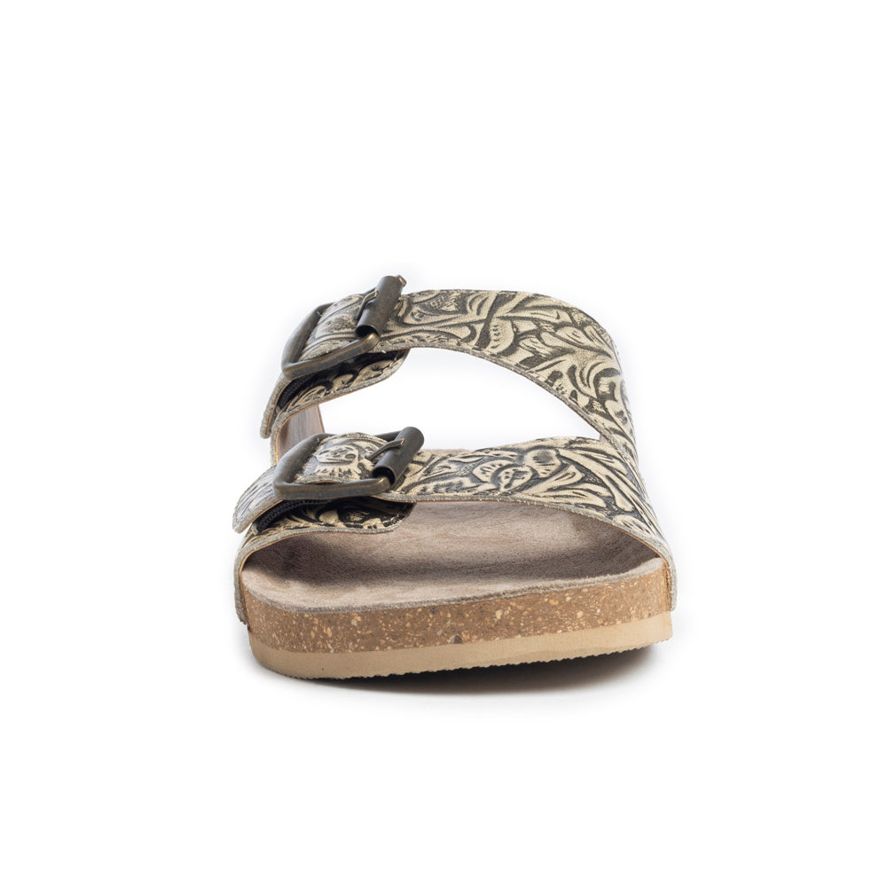 Myra Rio Amarillo Embossed Leather Sandals for Women in Beige – Dual Buckle Design, Cork Sole Comfort, Western Slip-on - Myra USA