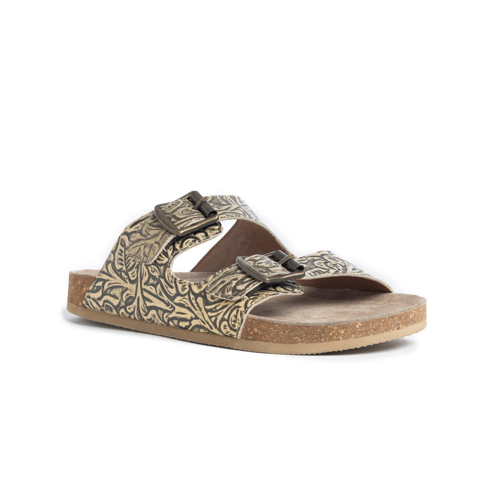 Myra Rio Amarillo Embossed Leather Sandals for Women in Beige – Dual Buckle Design, Cork Sole Comfort, Western Slip-on - Myra USA