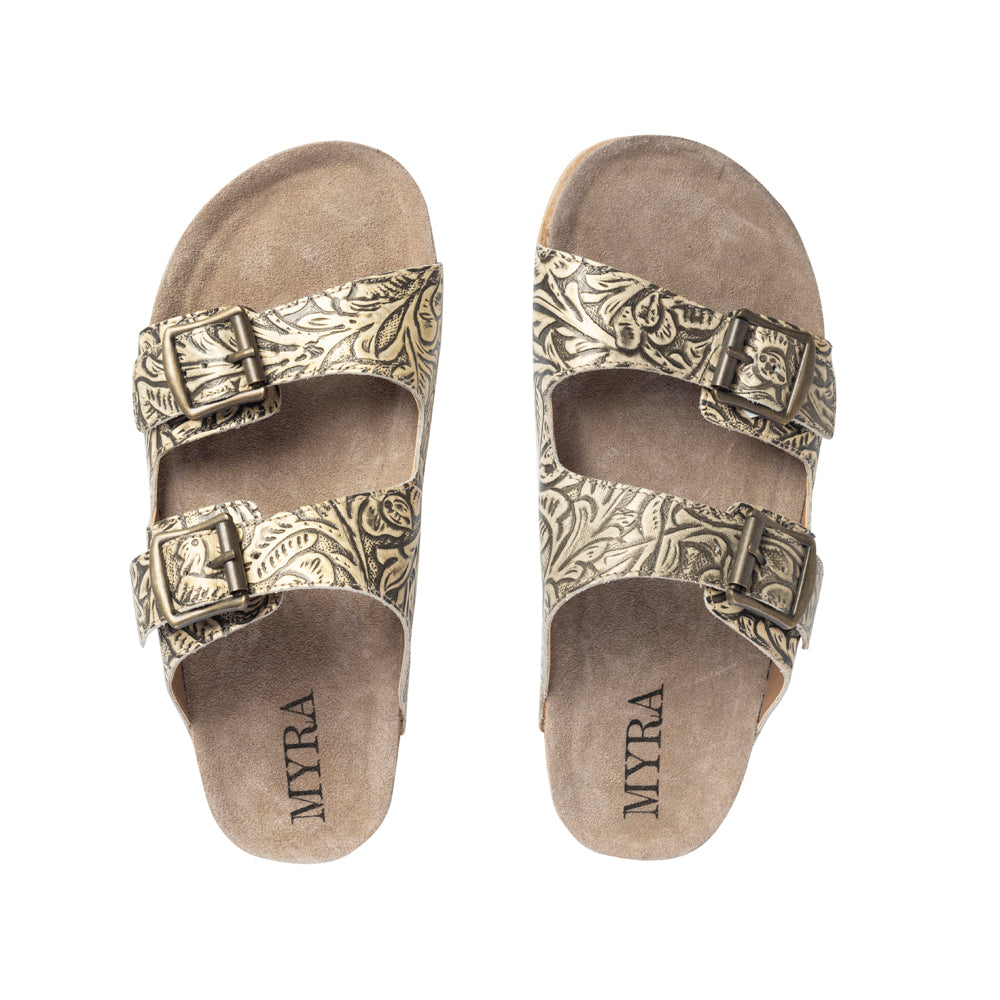 Myra Rio Amarillo Embossed Leather Sandals for Women in Beige – Dual Buckle Design, Cork Sole Comfort, Western Slip-on - Myra USA