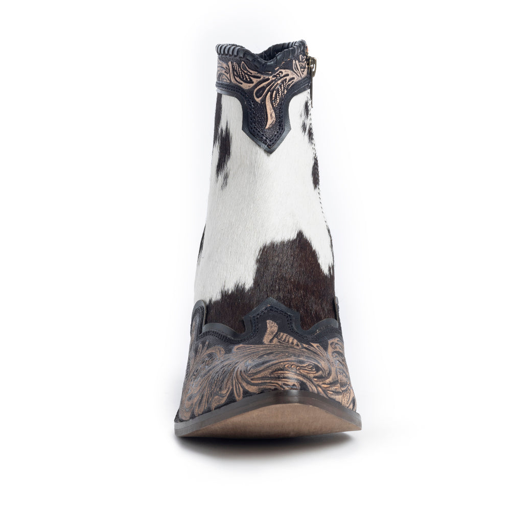 Women's Western Booties in white, black, and brown colors of cowhide patterns
