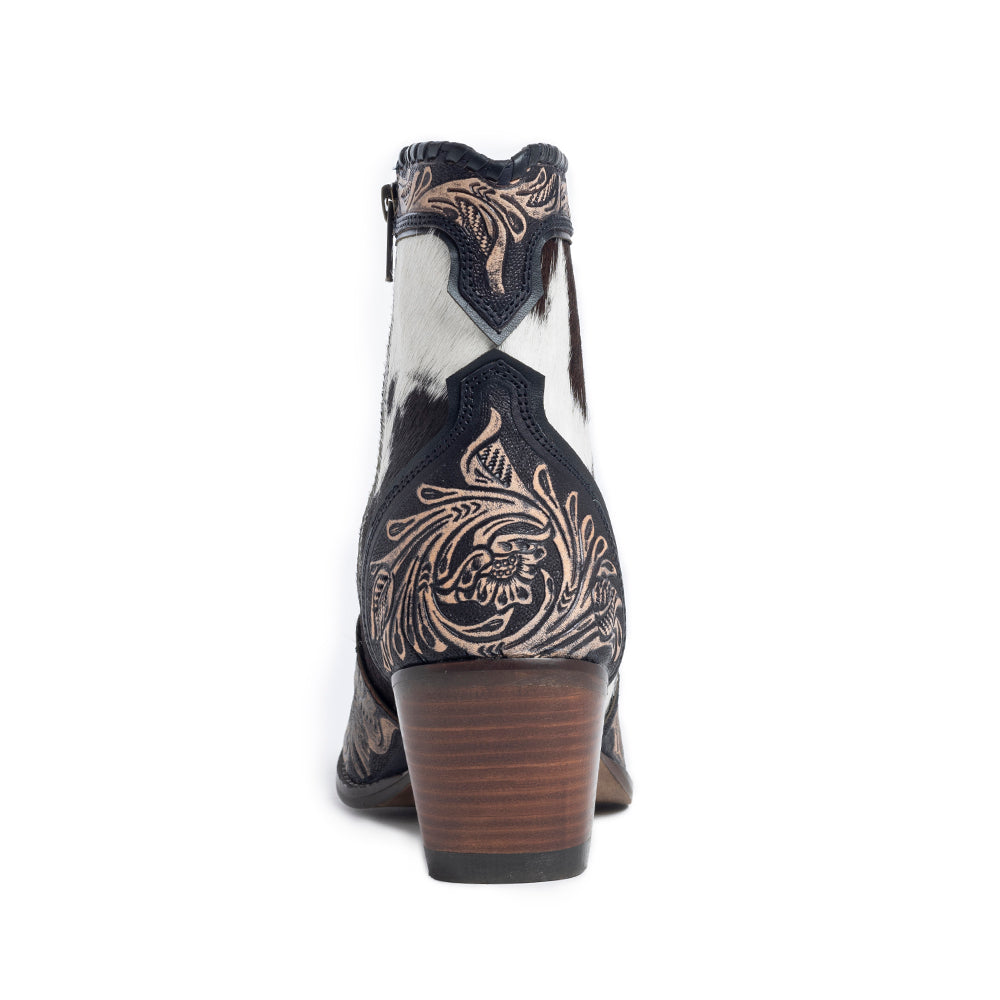 Women's Western Booties in white, black, and brown colors of cowhide patterns