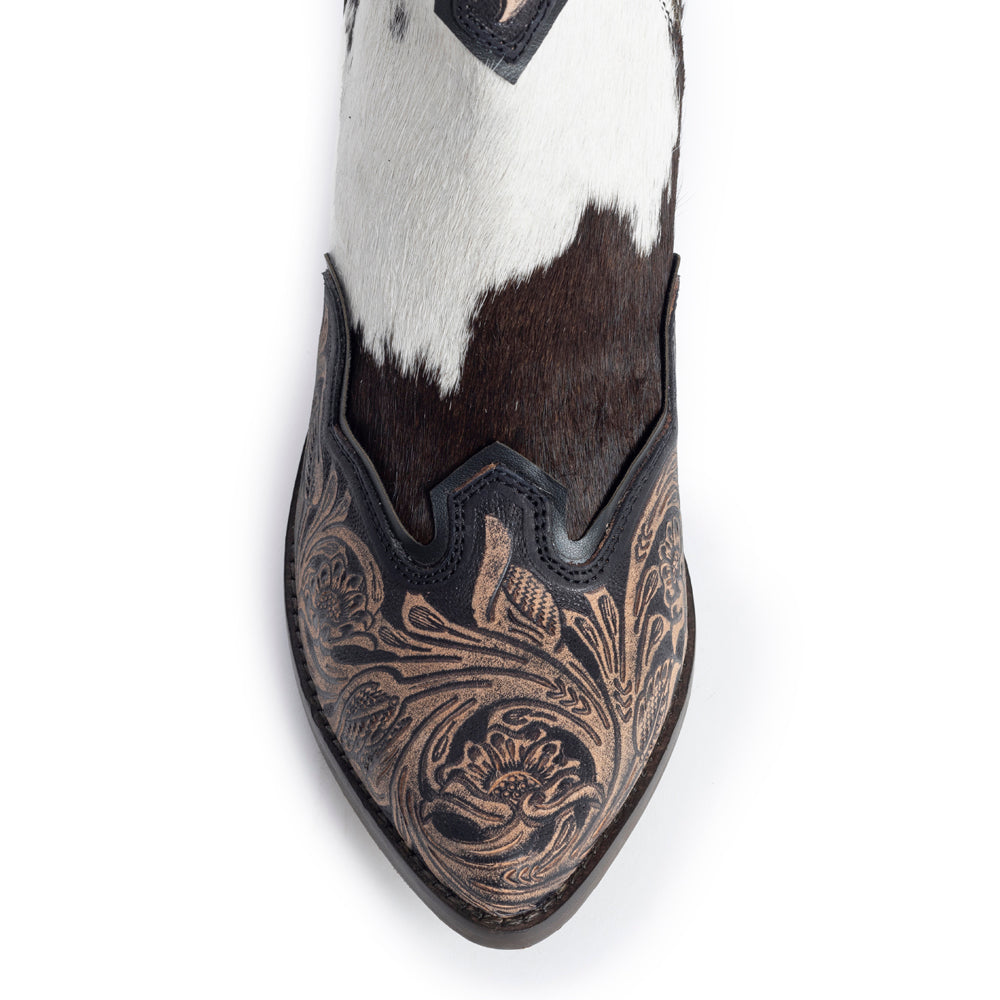 Women's Western Booties in white, black, and brown colors of cowhide patterns