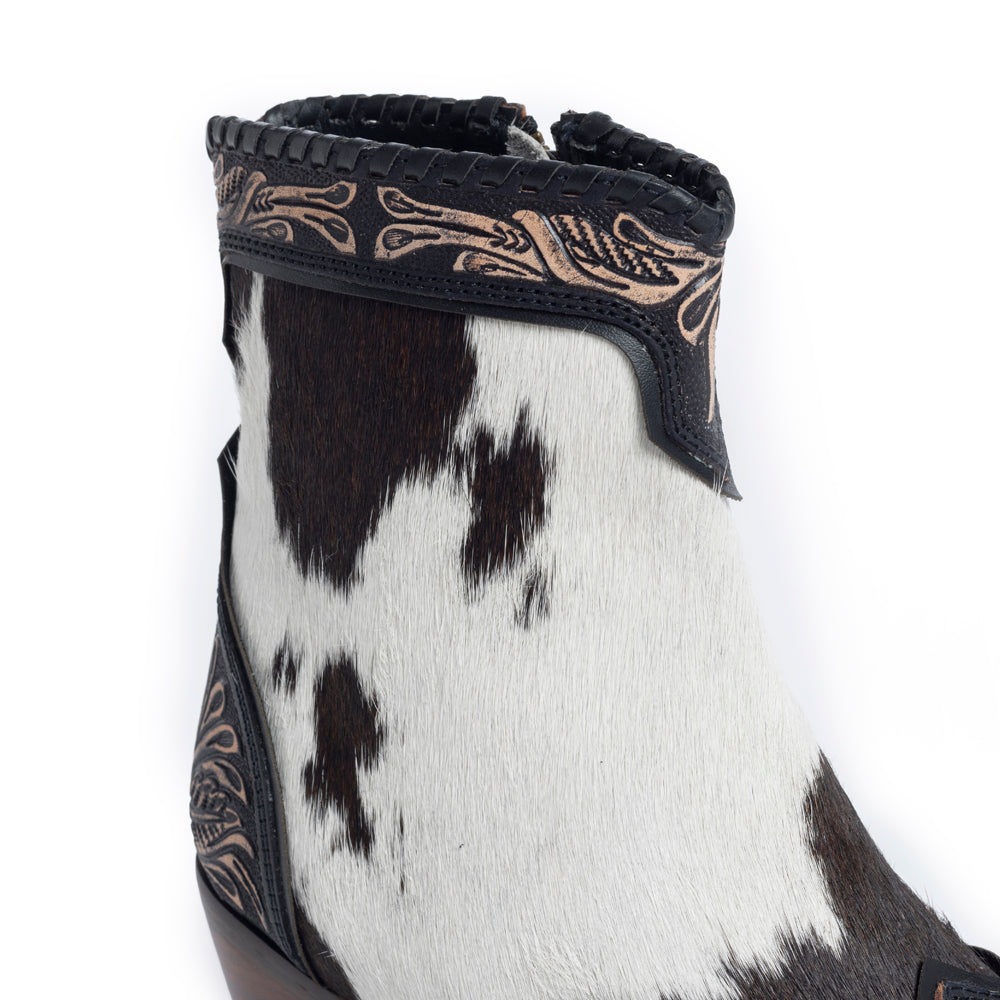 Women's Western Booties in white, black, and brown colors of cowhide patterns