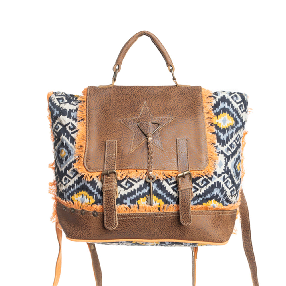Myra Bag Vibrant Red and Blue Patterned Backpack with cowhide. Color Pointe Backpack – Myra USA main image 3