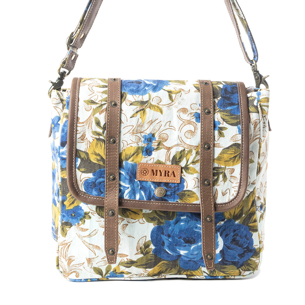 Mesa Morning Glories Messenger Bag In Blue and Off White - Myra USA