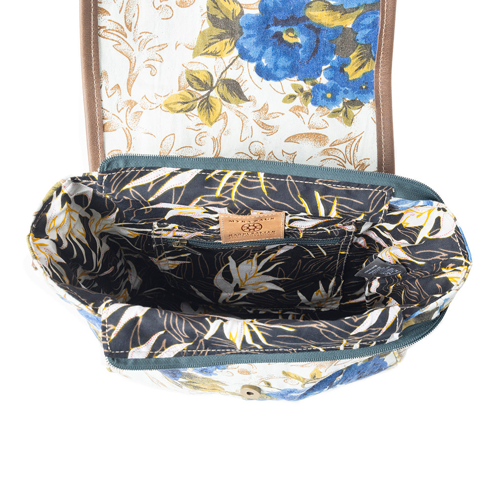 Mesa Morning Glories Messenger Bag In Blue and Off White - Myra USA