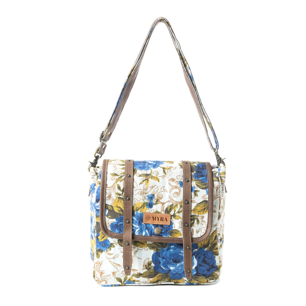 Mesa Morning Glories Messenger Bag In Blue and Off White - Myra USA