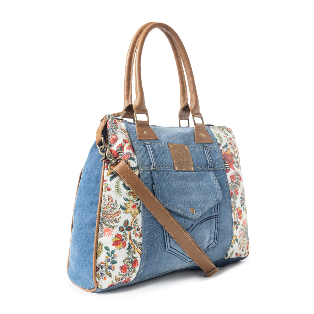 Myra Crimson Glade Floral Canvas Tote Bag - Dual Handle Leather Strap Upcycled Denim Bag for Fun Outings - Myra USA
