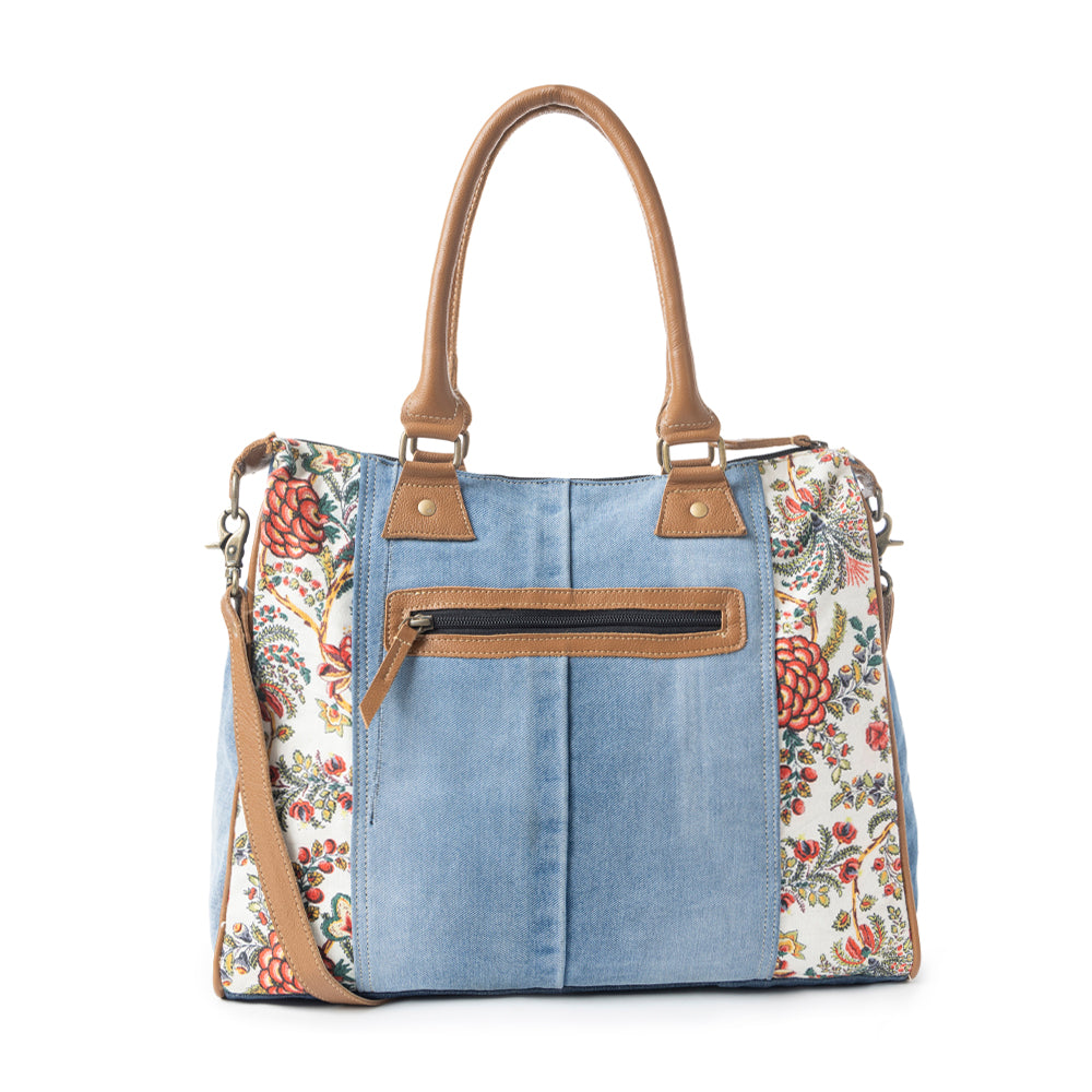 Myra Crimson Glade Floral Canvas Tote Bag - Dual Handle Leather Strap Upcycled Denim Bag for Fun Outings - Myra USA