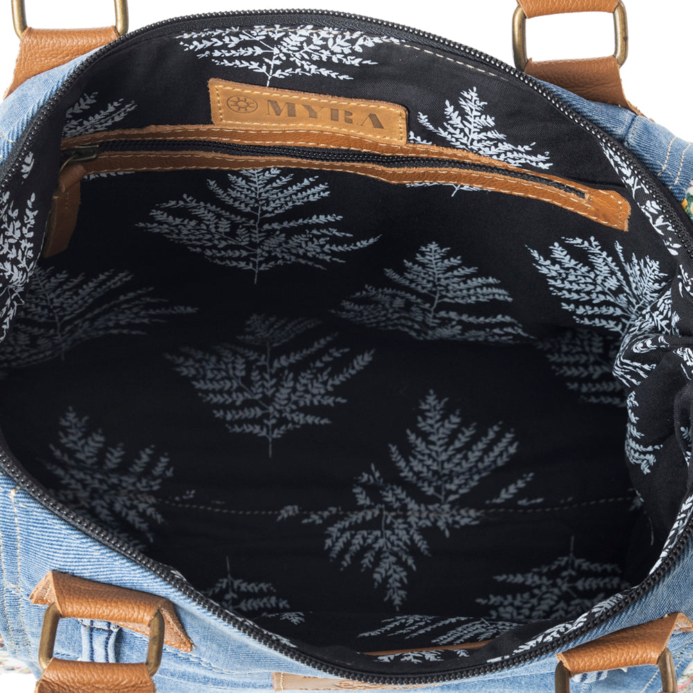 Myra Crimson Glade Floral Canvas Tote Bag - Dual Handle Leather Strap Upcycled Denim Bag for Fun Outings - Myra USA