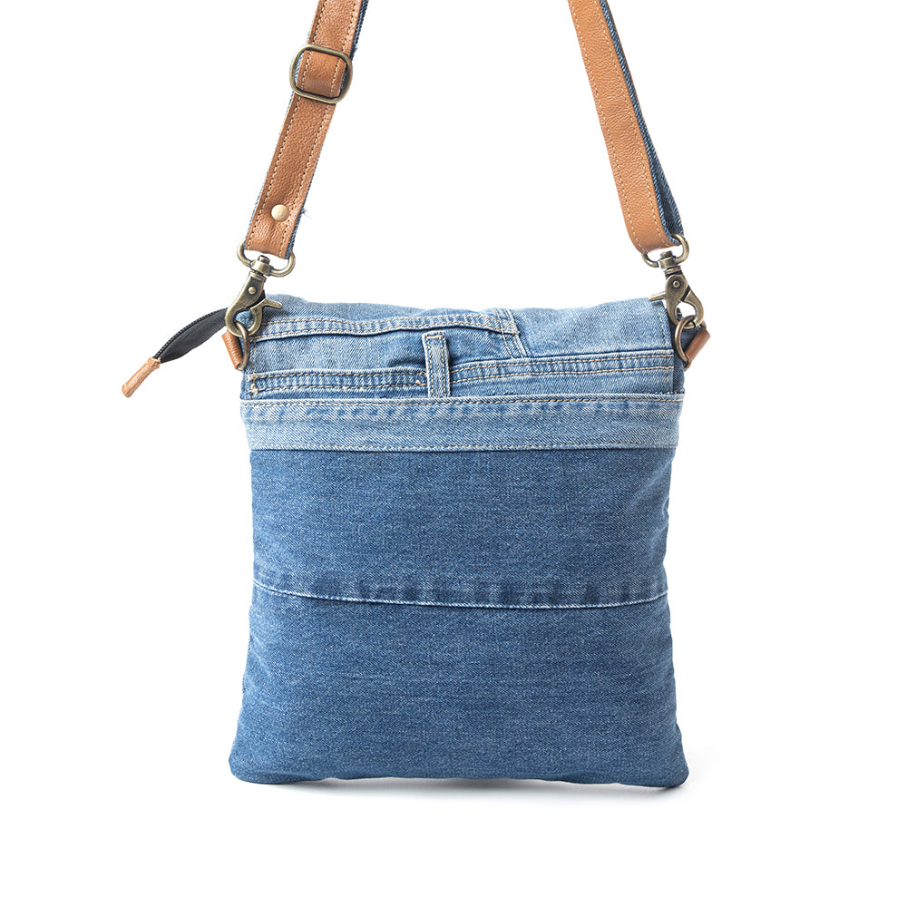 Myra Jaycee's Day Upcycled Denim Crossbody Bag - Foldover Everyday Sling with Leather Strap and Pocket Detail for Laid-Back Vibes - Myra USA