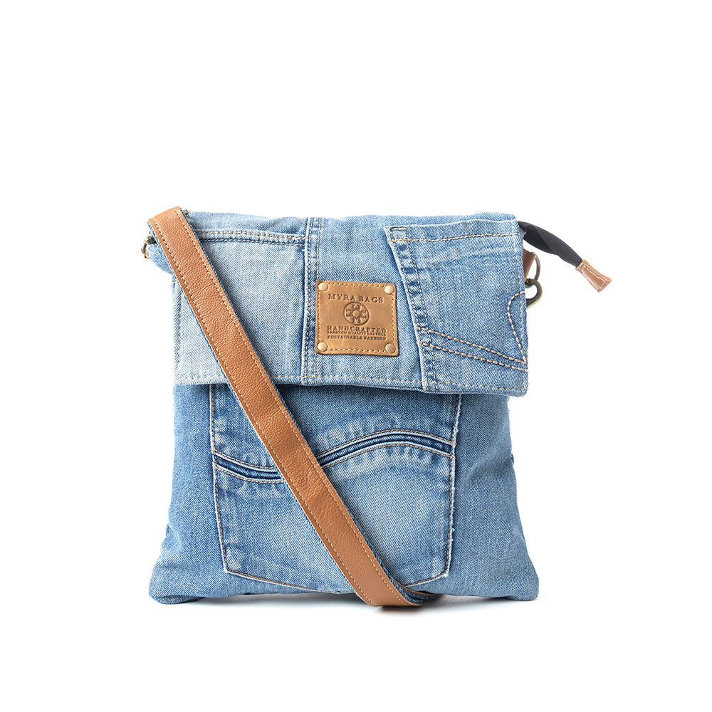 Myra Jaycee's Day Upcycled Denim Crossbody Bag - Foldover Everyday Sling with Leather Strap and Pocket Detail for Laid-Back Vibes - Myra USA
