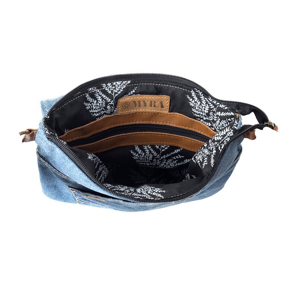 Myra Jaycee's Day Upcycled Denim Crossbody Bag - Foldover Everyday Sling with Leather Strap and Pocket Detail for Laid-Back Vibes - Myra USA