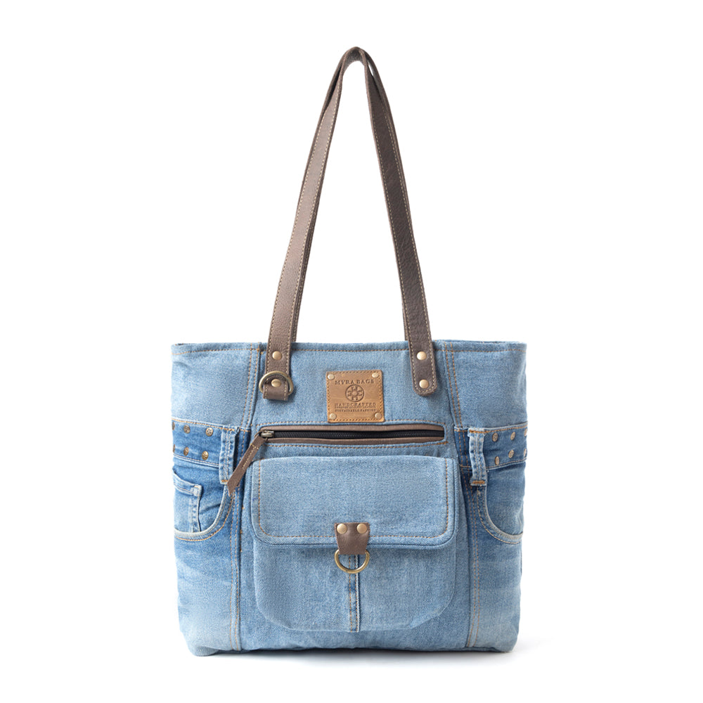 Myra Ashley Adventure Denim Leather Tote Bag - Multi-Compartment Western Bag with Sturdy Leather Handles for Easy Carry