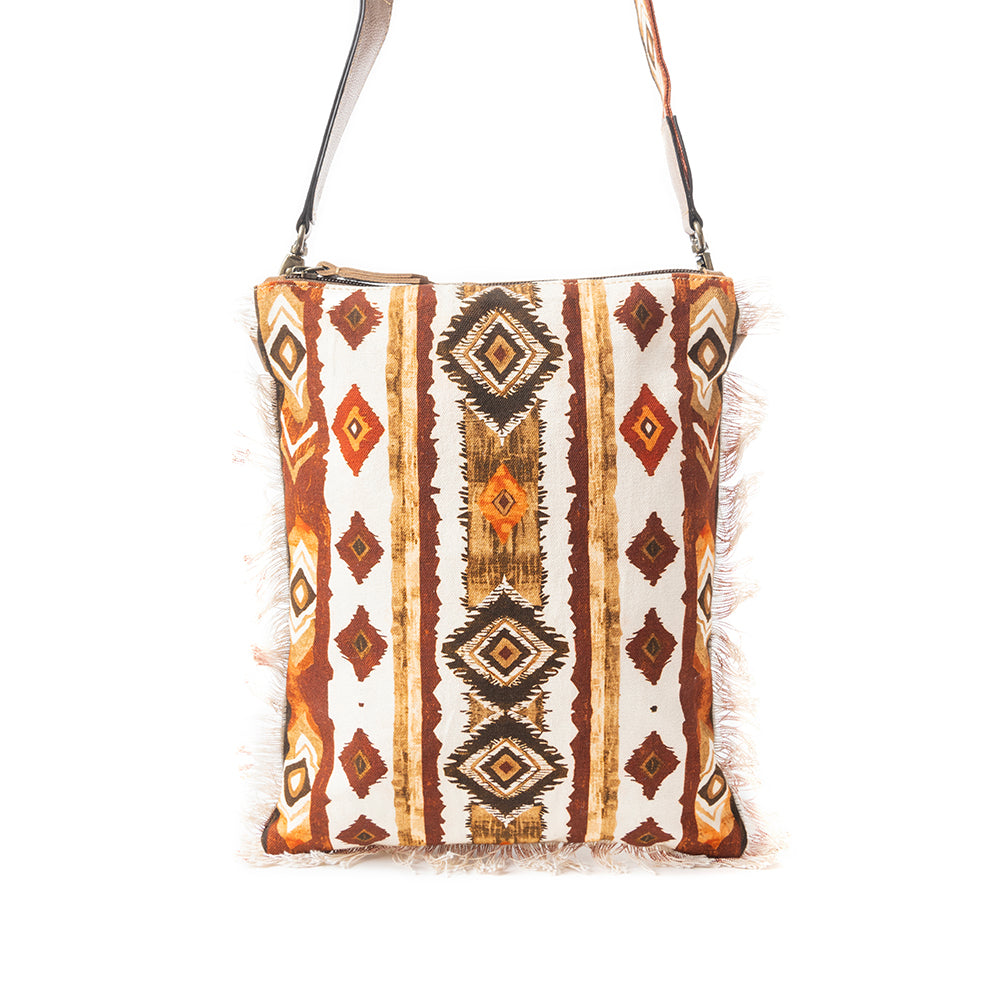 Beautiful Tapestry Crossbody Bag In Brown & White - Myra USA