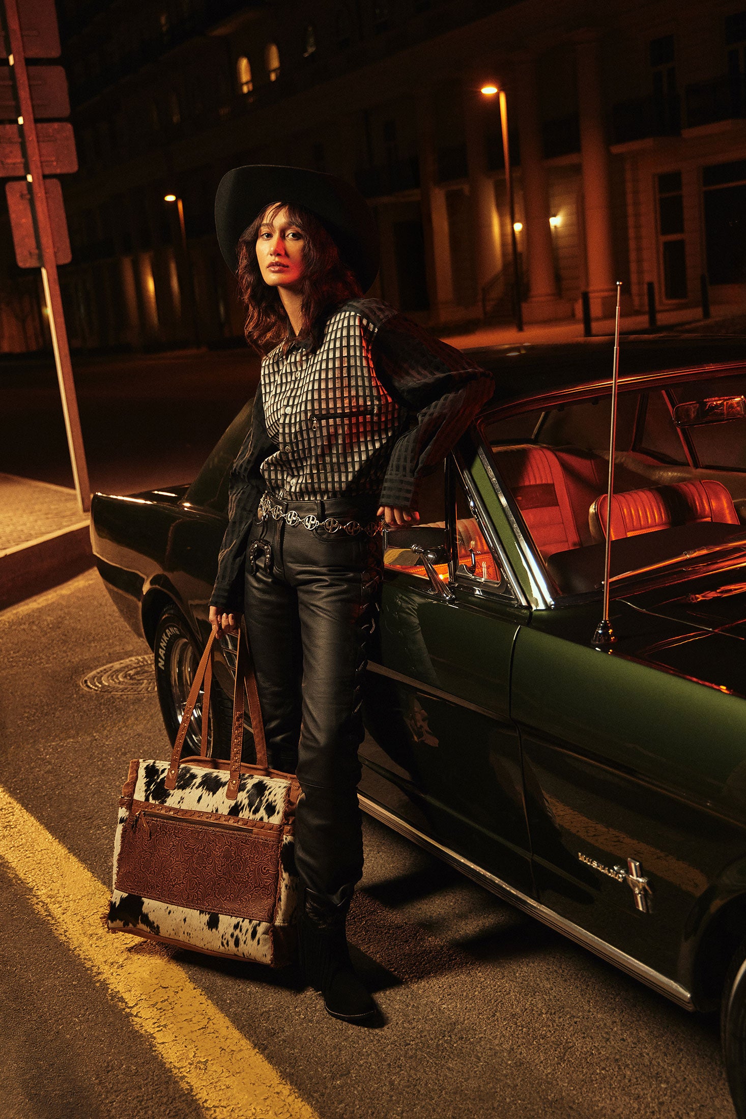 Myra Forester Junction Weekender Bag - Leather Cowhide Tote with Embossed Detailing for Ranch Escapes