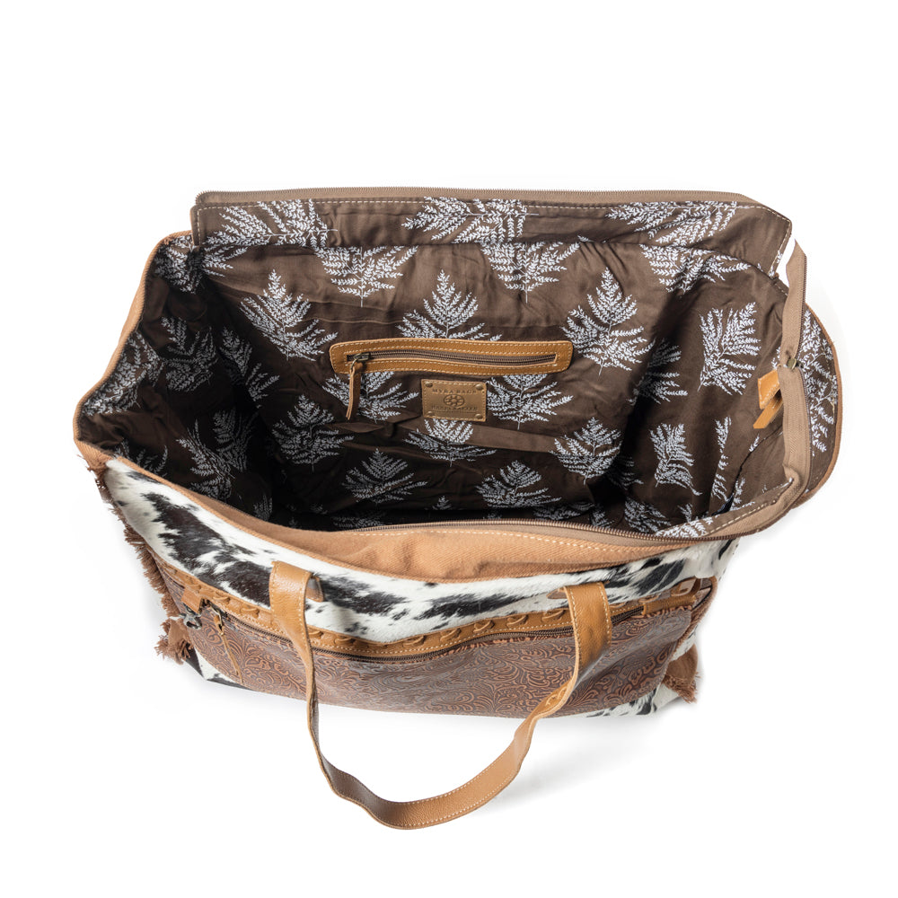 Myra Forester Junction Weekender Bag - Leather Cowhide Tote with Embossed Detailing for Ranch Escapes
