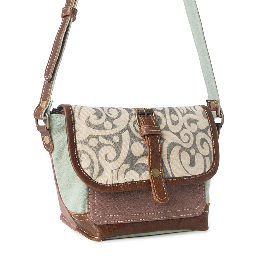 Myra Leaf Print Crossbody Bag for Women with upcycled canvas in leaf print for everyday use