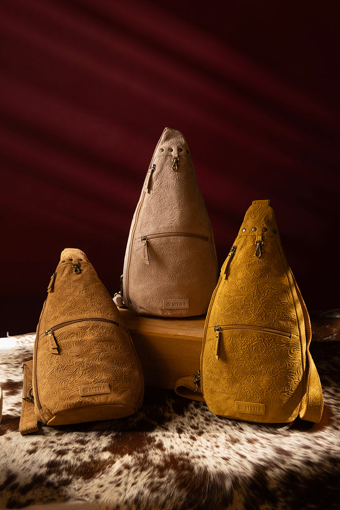 Marigold Scroll Sling Bag In Mustard