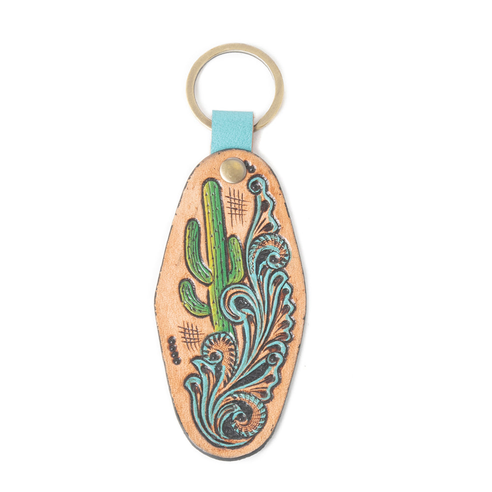 Sonoran Bloom Embossed Key Fob in Cactus Green & Brown - Myra USA
