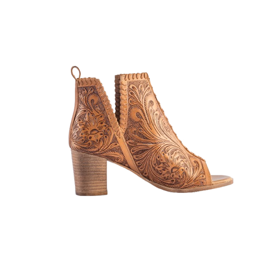 Myra Persimmonee Leather Heels for Women - Peep-toe Block Heels with Handtooled Detailing for Stylish Comfort - Myra USA