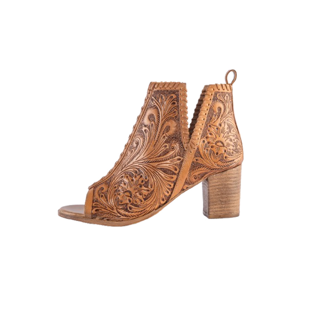 Myra Persimmonee Leather Heels for Women - Peep-toe Block Heels with Handtooled Detailing for Stylish Comfort - Myra USA