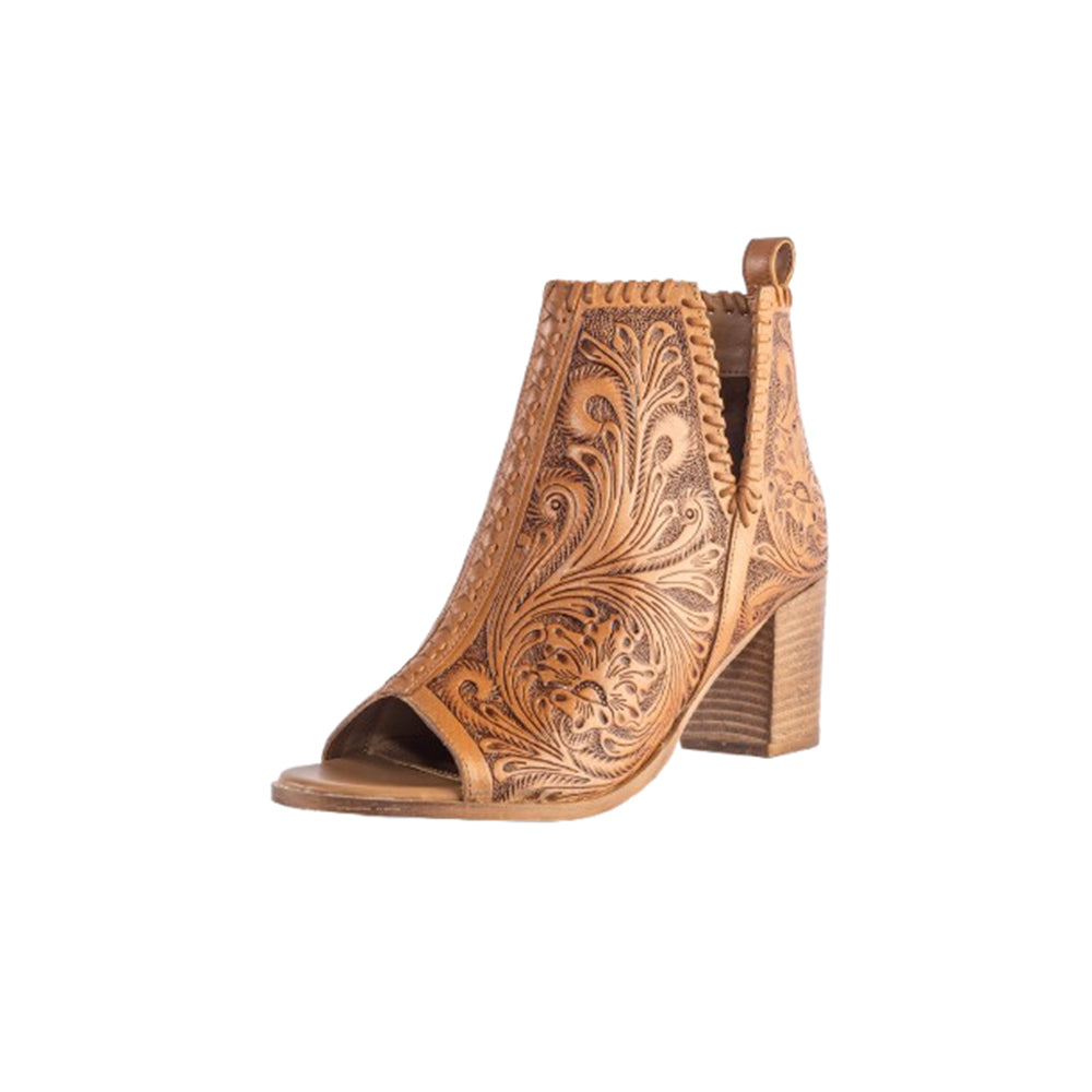 Myra Persimmonee Leather Heels for Women - Peep-toe Block Heels with Handtooled Detailing for Stylish Comfort - Myra USA