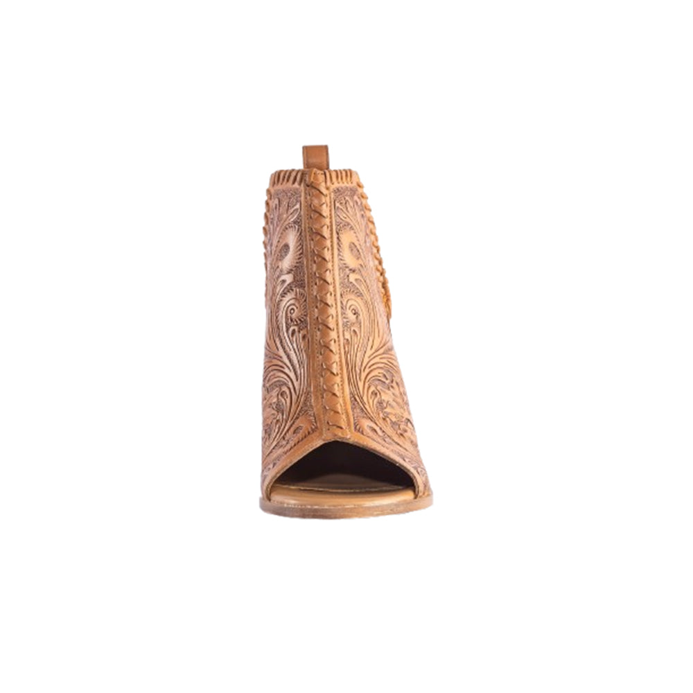 Myra Persimmonee Leather Heels for Women - Peep-toe Block Heels with Handtooled Detailing for Stylish Comfort - Myra USA