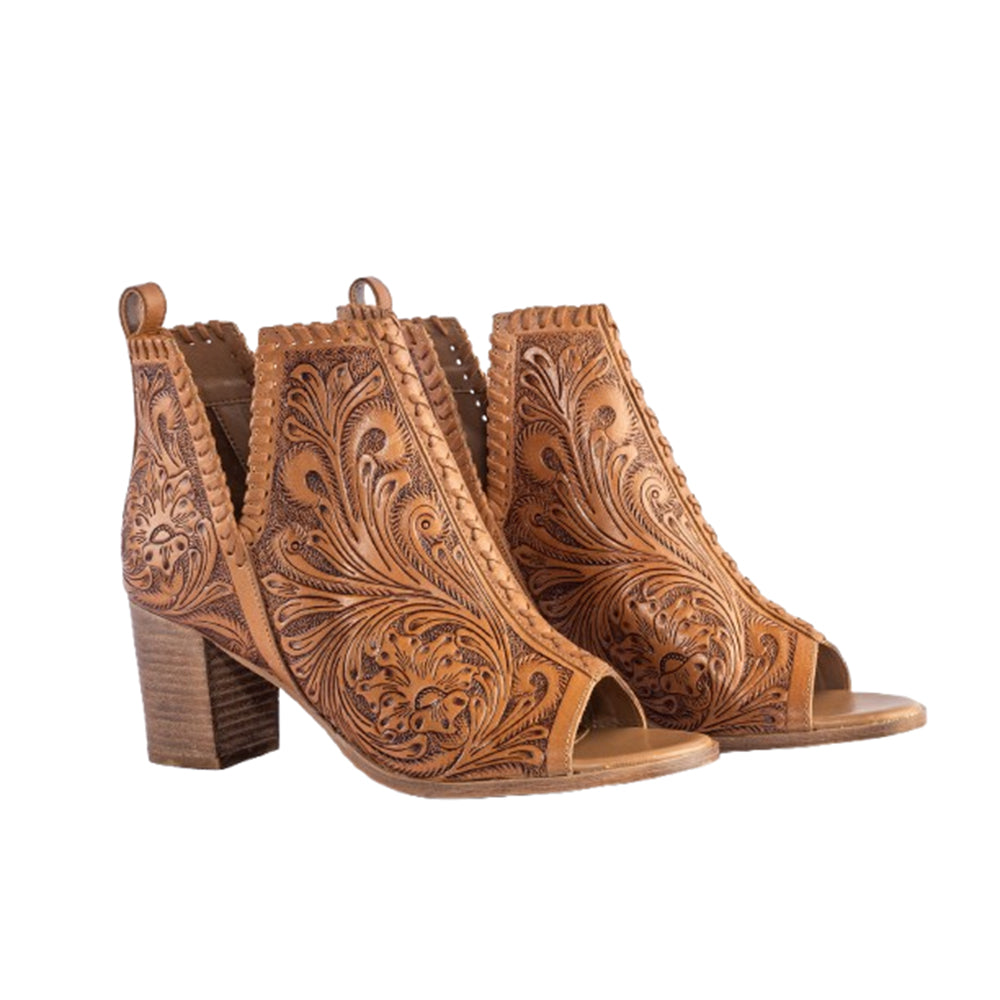 Myra Persimmonee Leather Heels for Women - Peep-toe Block Heels with Handtooled Detailing for Stylish Comfort - Myra USA