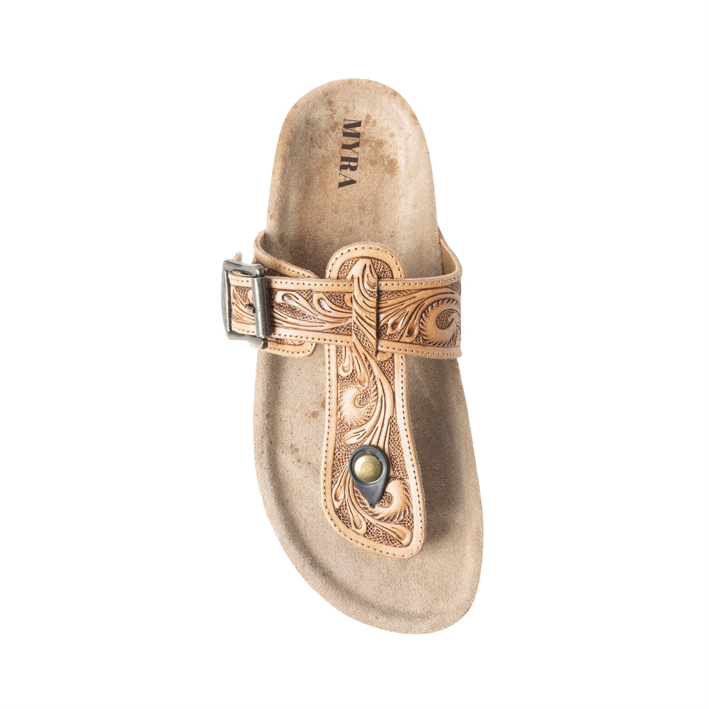 Myra Balinda Ridge Hand-Tooled Leather T-Strap Flats for Women - Western Embossed Sandals with Cushioned Sole for Daily Comfort - Myra USA