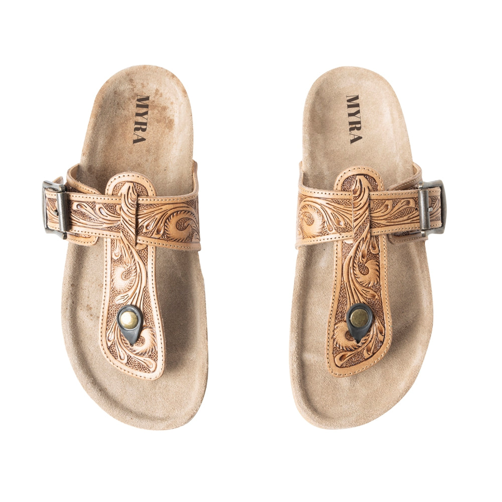 Myra Balinda Ridge Hand-Tooled Leather T-Strap Flats for Women - Western Embossed Sandals with Cushioned Sole for Daily Comfort - Myra USA