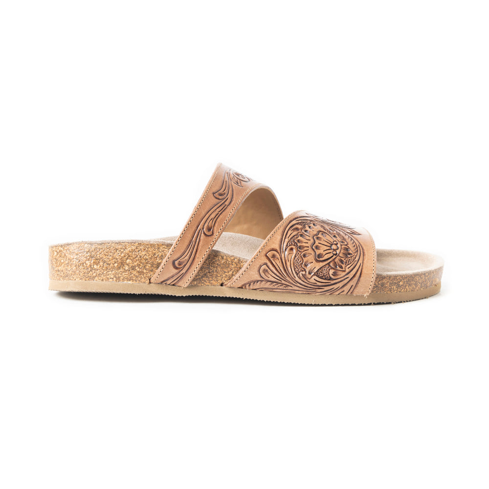 Myra Westward Wind Handtooled Leather Slide Sandals for Women – Cross-Strap Design with Soft Cork Sole for Cushioned Western Comfort
