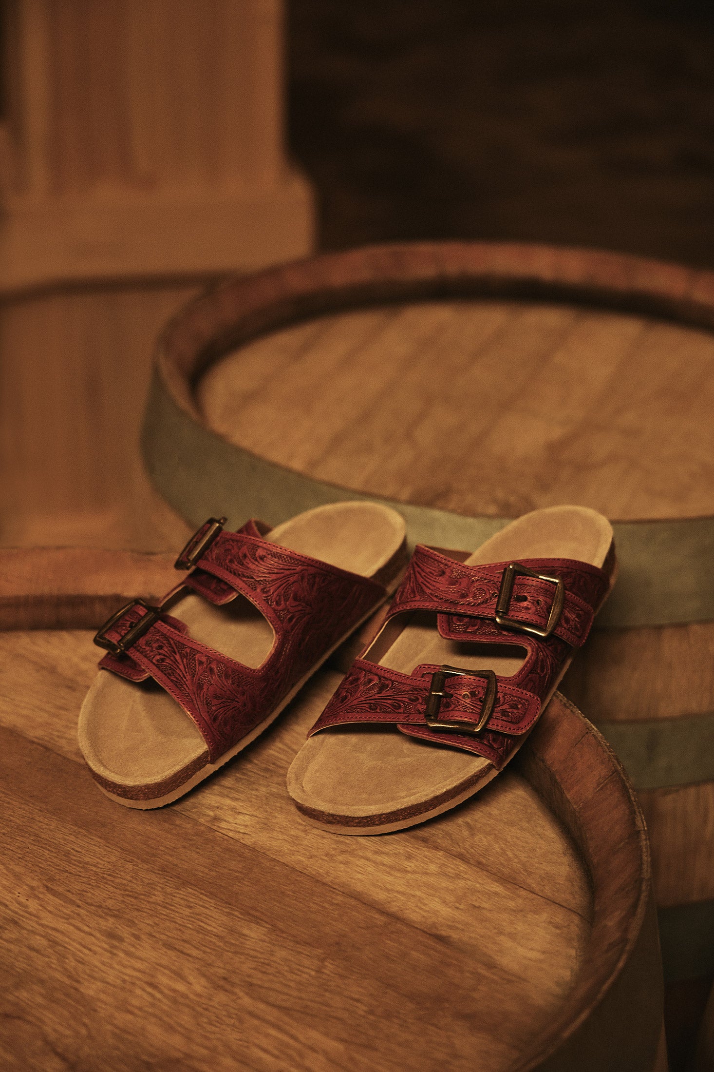 Myra Falling Feather Red Tooled Leather Sandals for Women - Dual Strap Casual Slides with Cushioned Sole for All-Day Comfort - Myra USA